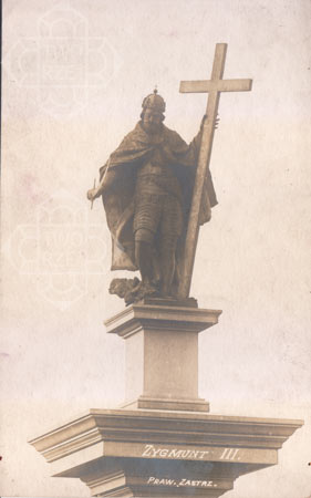 Stara pocztówka z figurą króla z kolumny czyli Zygmuntem III Wazą