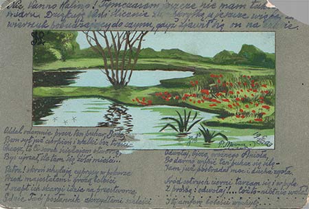pocztówka z malowanym pejzażem, pejzaż przedstawia jeziorko czy staw